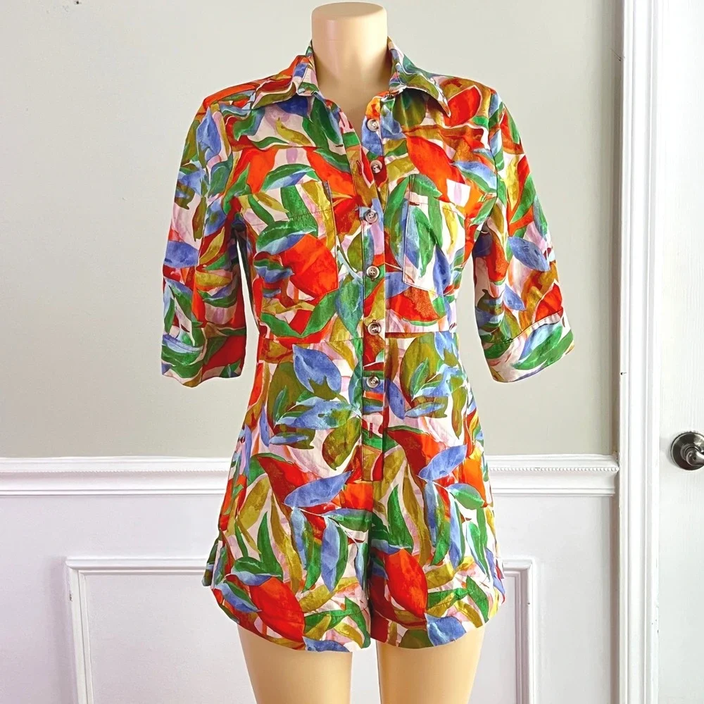 Karlie Romper Sz S Women Tropical Leaf Button Front Elbow Sleeve Multicolor Romp